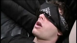 Horny black gay Kamrun with big dick fills up the tight asshole on his white boy flower in a blindfold